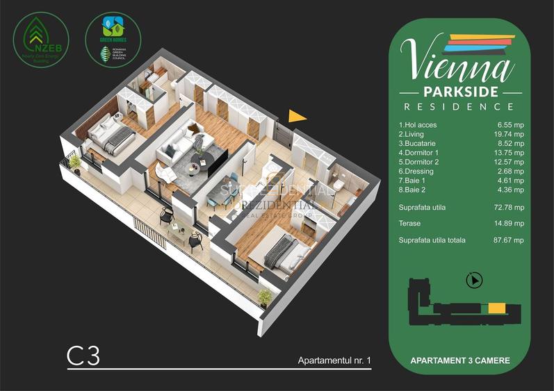 Apartament modern cu 3 camere, terasa si dressing, zona Metalurgiei - 1