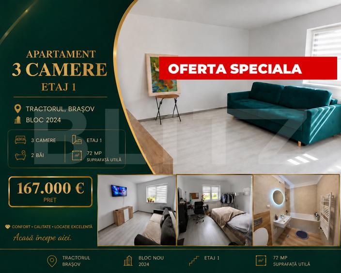Apartament de 3 camere | Tractorul | Etaj 1 | Parcare inclusa