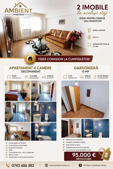 Apartament cu 4 camere + GARSONIERĂ la același etaj – VASLUI, Zona CARTIER
