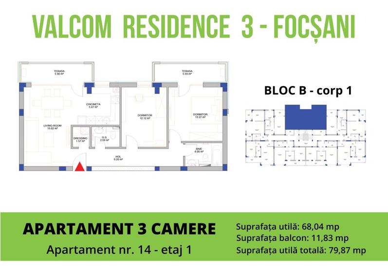 Apartament 3 camere-Str Cuza Voda-S=86 mp-et 1