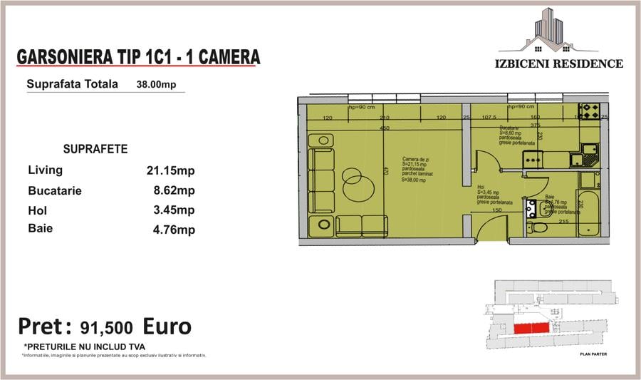 Garsoniera TIP 1C1 in complex Izbiceni Residence