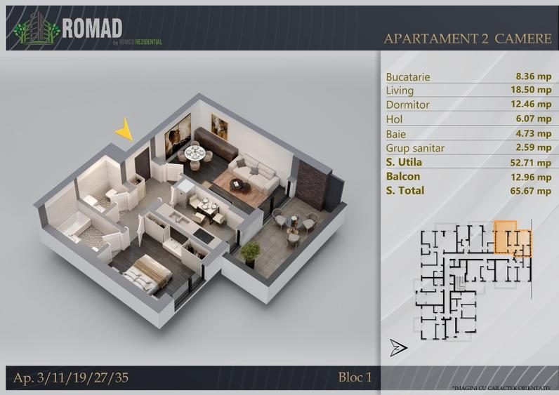 Apartament 2 camere-Zona Palldy-65,67I 62,45I 57,90I Compartimentare excelentaI