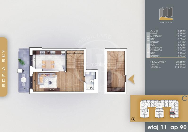 Duplex 3 camere cu Parcare Gratis | Bucatarie Inchisa 14mp - 1