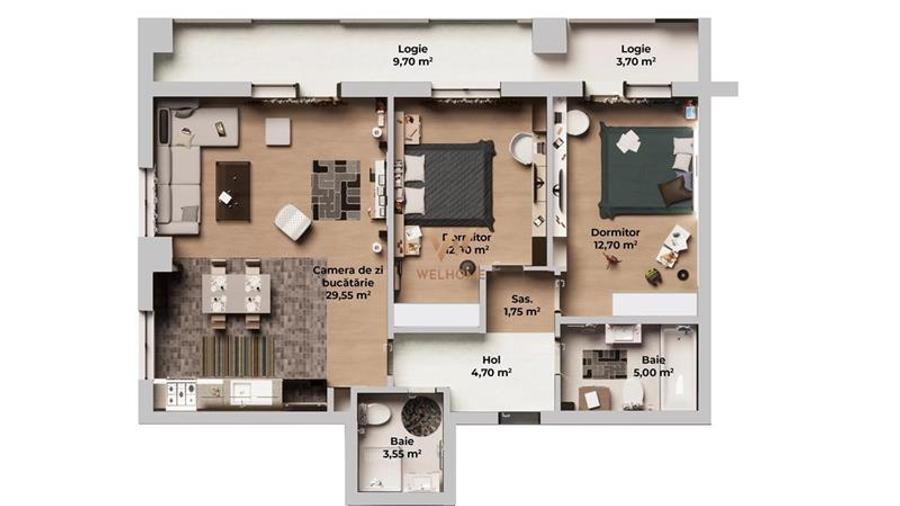 Ap. 3 camere, logie 13,4 mp, bloc nou, lift