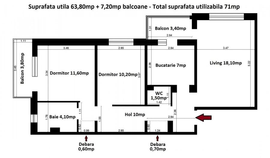 1 Mai - 3 camere decomandat 71mp 2 bai 2 balcoane etaj 2/4