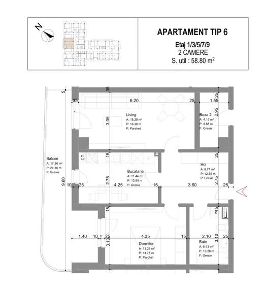 Apartament 2 camere decomandat, 76 mp, bucatarie 12 mp, Galata in oras