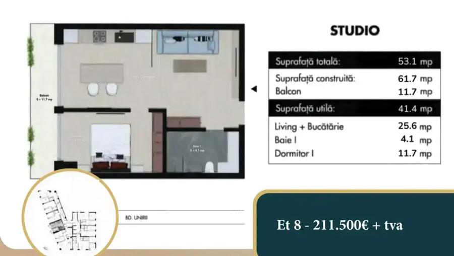 Unirii Studio Dublu premium sut 52,10 mp  | Finisaje top + smart home