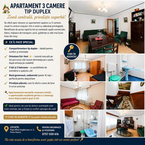 Apartament 3 camere/2 bai/2 balcoane/83 mp/etaj 2 CENTRU.