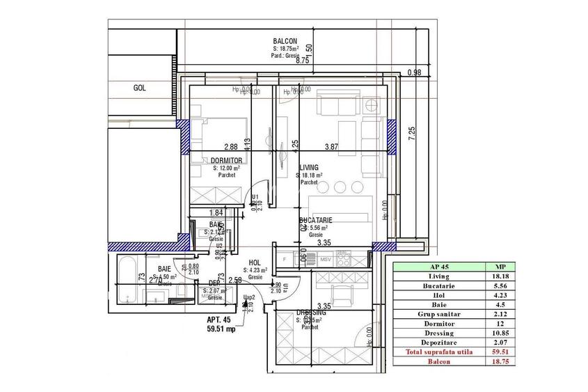 Apartament 2.5 Camere Sala Polivalentă | 59 mp Util + 18 mp Balcon - 1
