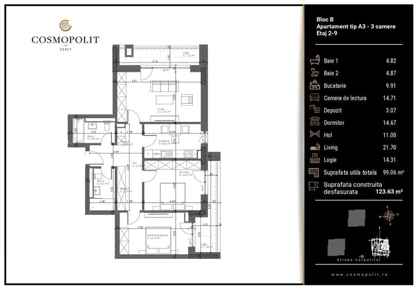 Apartament 3 camere - Bloc B, etaj 5 - 2