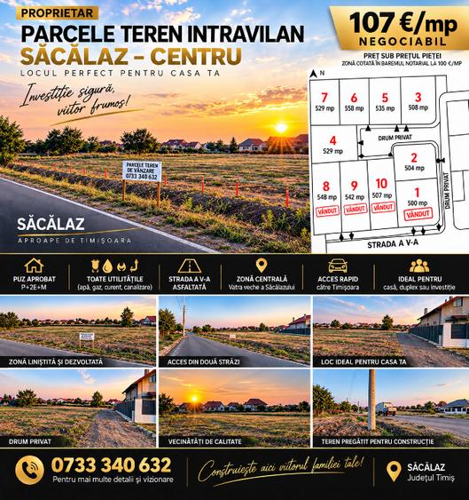 PROPRIETAR VÂND PARCELE TEREN INTRAVILAN SĂCĂLAZ CENTRU  DE LA 500 MP