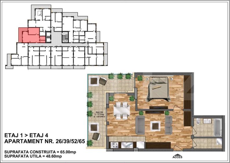 Apartament de vânzare, bloc nou, zona Aurel Vlaicu 48,60 mp+ terasa 13.5 ceramic