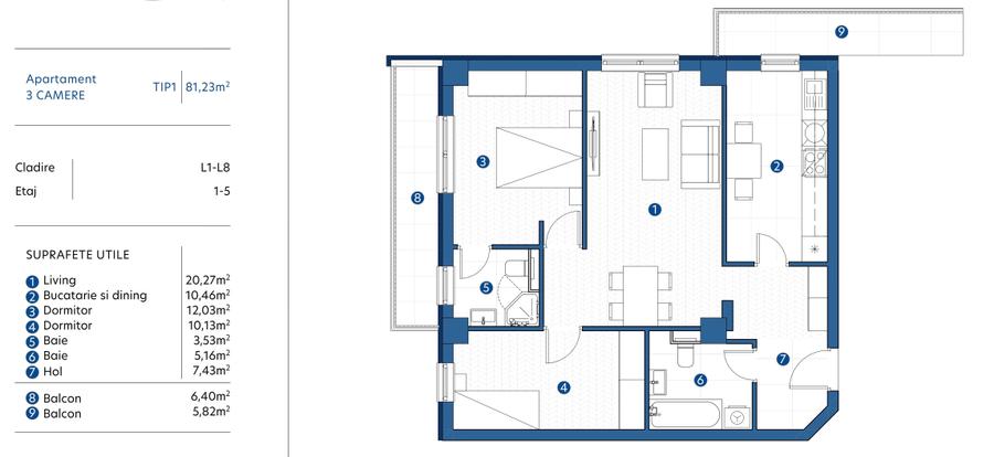 Apartament 3 camere, 2 bai, 81 mp, accept credit, bloc pe Iasi, avans minim 15%