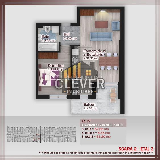 Apartament 2 camere Pallady, 61 mp total, etaj 3, Comision 0 - 2