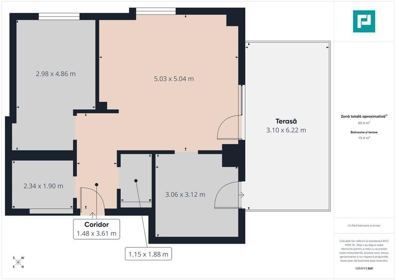 Apartament 3 camere, terasă 29 mp, gata de mutare