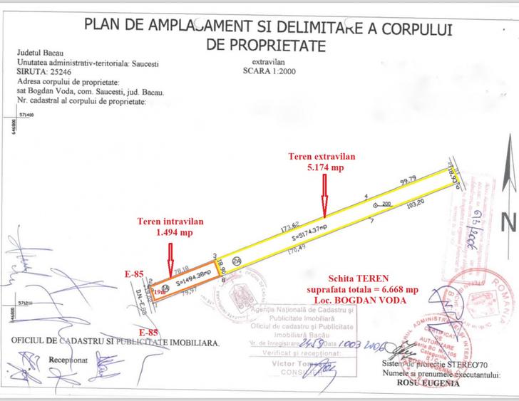 Teren 6.668 mp, de vanzare, loc. BOGDAN VODA, la E-85, com. Saucesti, jud. Bacau