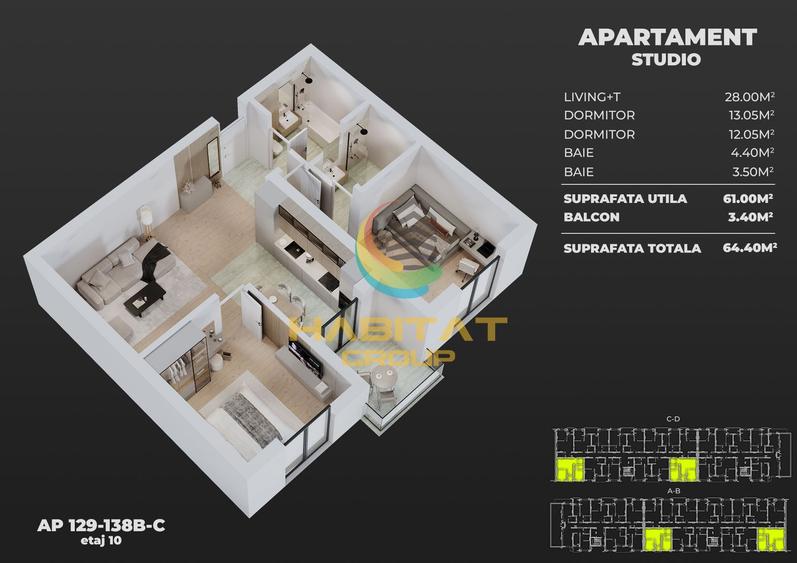 Apartament studio 3 camere (129B/C) Popesti leordeni metrou.