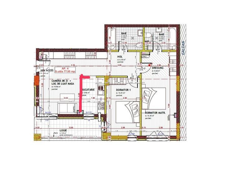 Apartament de 78mp utili(4 camere,2 băi, terasă)bloc nou,parter înalt