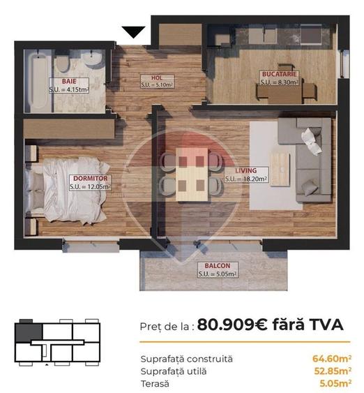 De vanzare Apartament 2 camere - incalzire in pardoseala