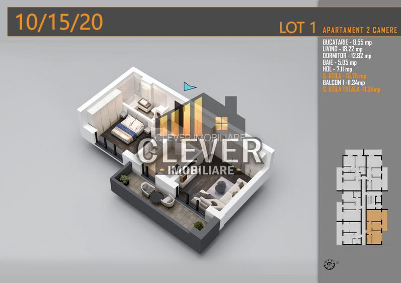 2 Camere,  63,91 mp Total | Balcon 12,16 mp | Comision 0% - 3