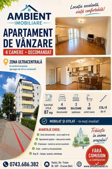 Apartament cu 4 camere, mobilat și utilat, VASLUI - zona ULTRACENTRAL;