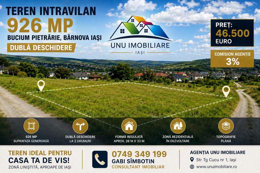 Teren intravilan 926 mp cu dublă deschidere – Bucium Pietrărie, Bârnova, Iași