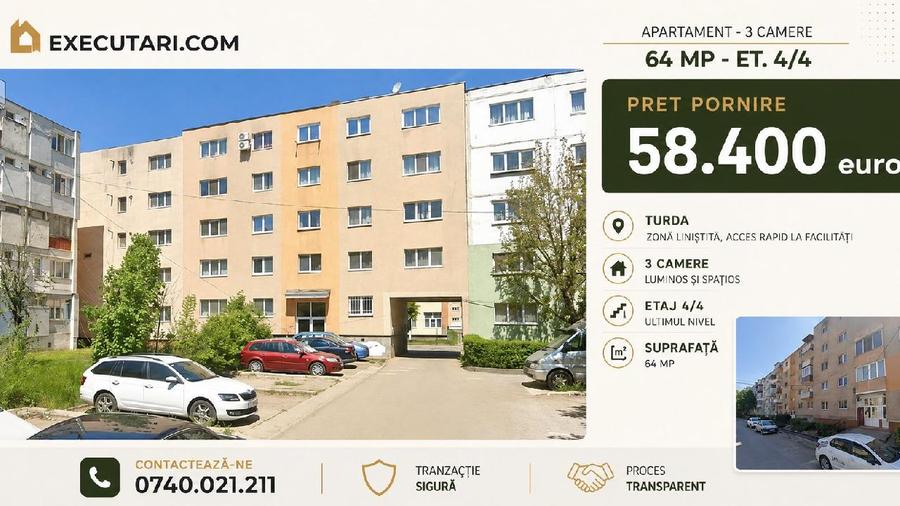 Apartament - 3 camere 64 mp - Et.4/4, Turda