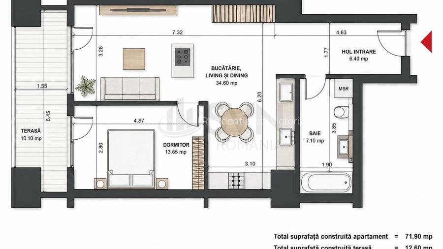 REA1029756 Apartament 2 camere terasa 13 mp Aviatiei - 2