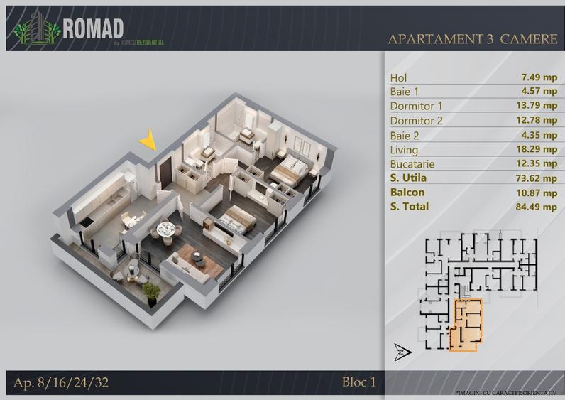 Apartament 3 camere-84,49 mp | 72,71mp | Ansamblu premium – Zona Zona Pallady