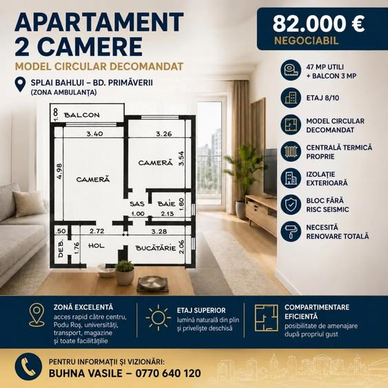 SPLAI BAHLUI - BLD PRIMAVERII - 2 CAMERE CIRCULAT DECOMANDAT - ETAJ INTERMEDIAR