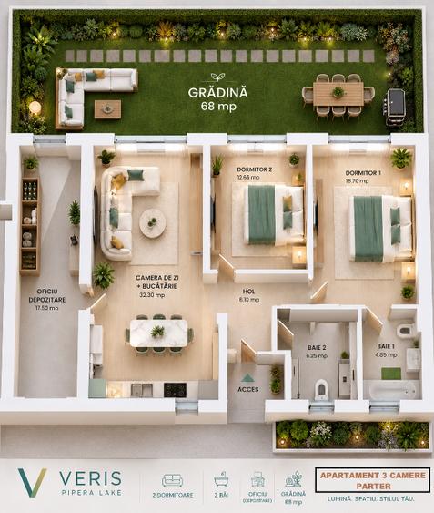 Apartament cu grădină proprie în Veris Pipera Lake – 100 mp utili | Curte 65 mp