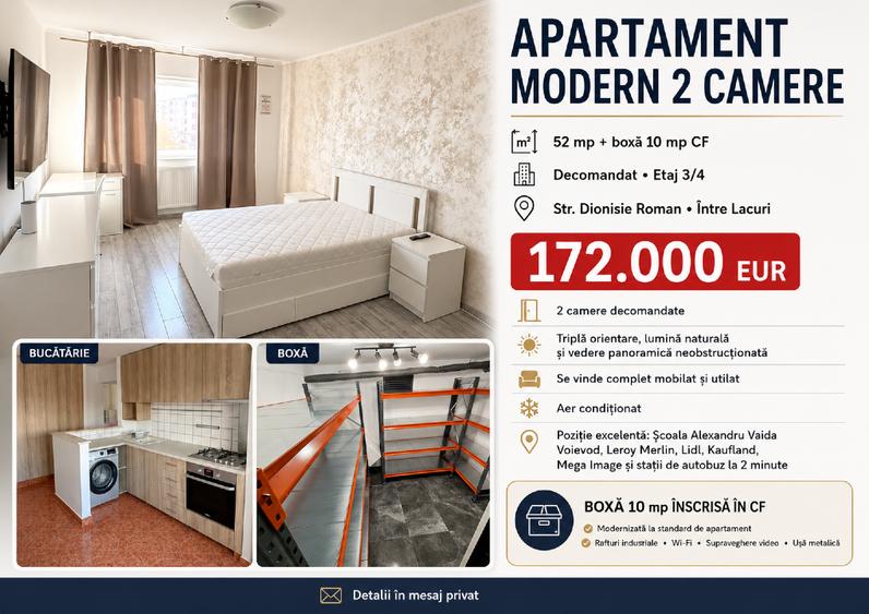 Apartament modern 2 camere, decomandat 52 mp + boxa 10 mp CF, Intre Lacuri