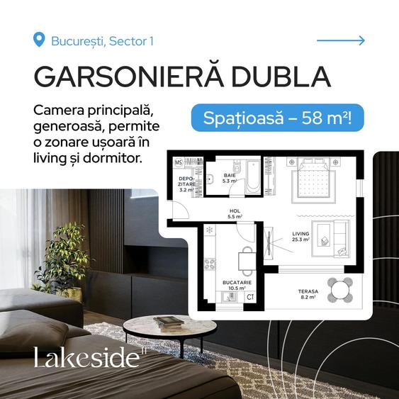 Garsonieră Dubla. Lacul Străulești. Poziție premium lângă lac!