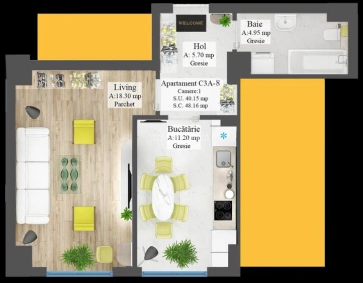 Apartament 1 camera, 40 mp, decomandat, de la doar 59.823 euro, RATE pe 3 ani - 3