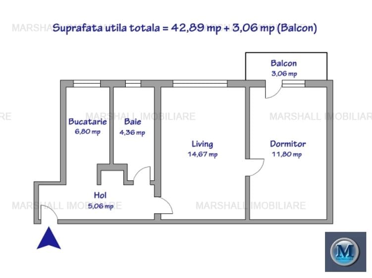 Apartament 2 camere de vanzare, zona Vest, 42,89 mp #17193