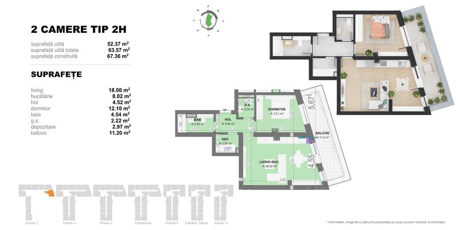 Apartament 2 Camere TIP H in Complex Doi Cocosi Residence