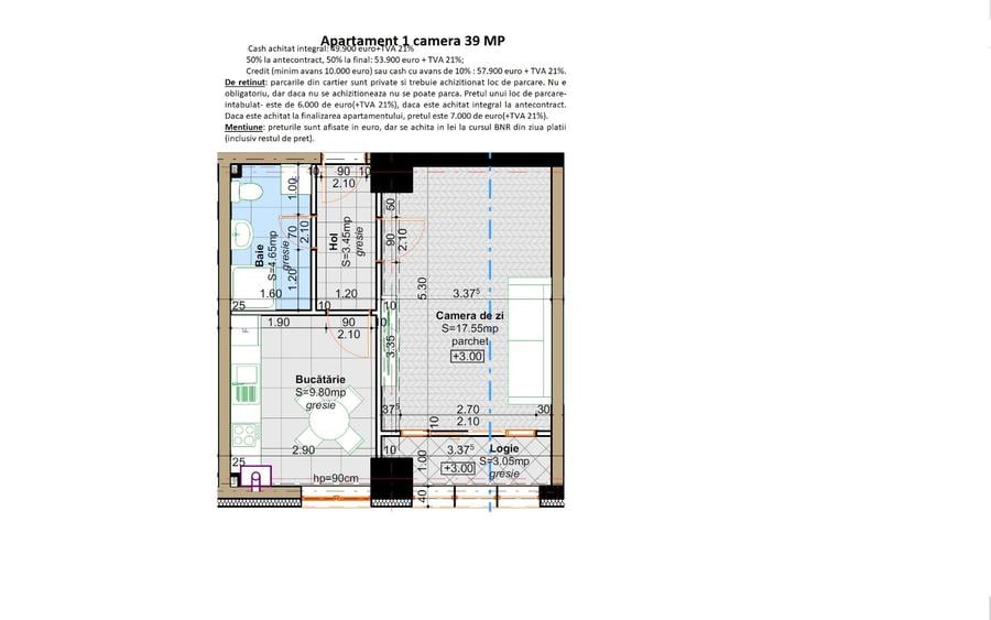 Apartament NOU cu 1 cameră, 39 mp, Bucătărie închisă - Preț promoțional