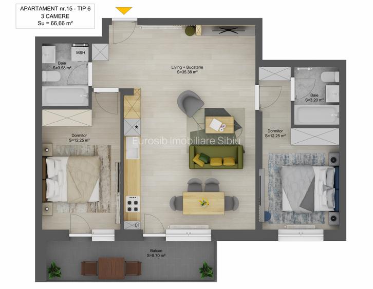 Apartament 3 camere 66,66 mp + balcon 9 mp Cartier Doamna Stanca - intabulat - 6