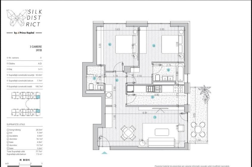 Inchiriez apt 3 camere, nemob, 85 mp, panoramic, parcare subterană