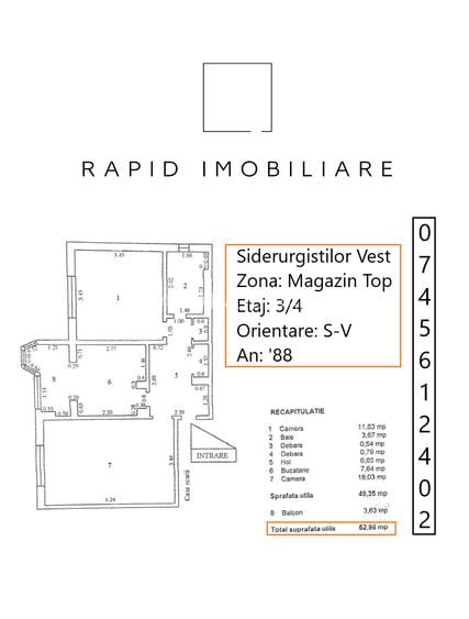 2 Camere | Etaj 3 | Magazin TOP | Sid-Vest | 53 mp | An '88 | Mobilat +Utilat - 1