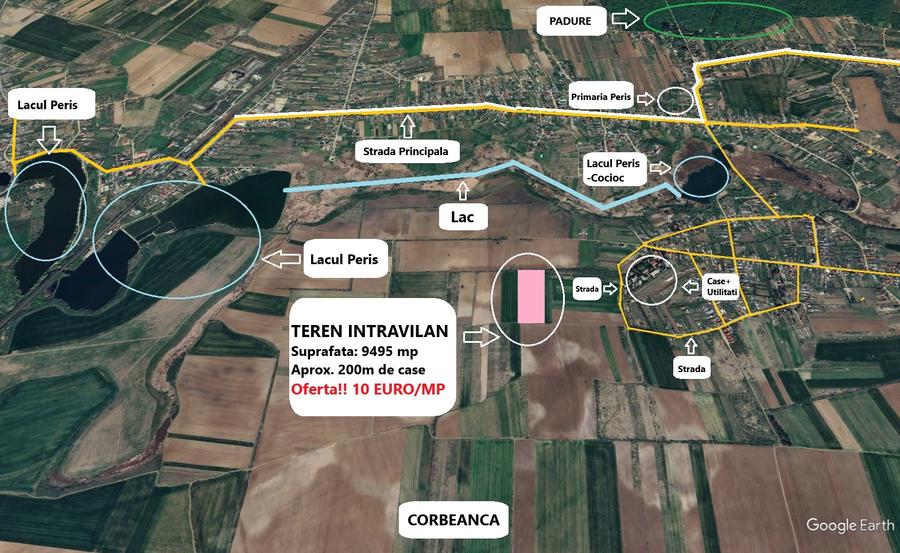 Proprietar - Teren intravilan 9.495 mp – Periș - 10€/mp - Aproape de case si lac