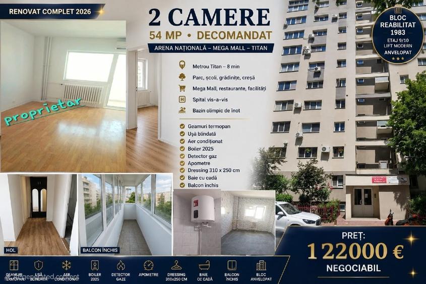 Metrou 8M-Proprietar2 camere, dec 54 mp, renovat 2026/1983 | Arena Națională
