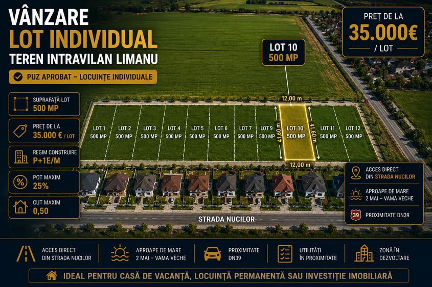 Vânzare loturi teren intravilane Limanu Vama Veche minim 500 mp. PUZ