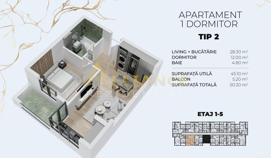 105.000 € TVA INCLUS | Apartament 2 camere tip studio | 60 mp