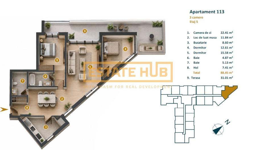 Apartament cu CF 3 camere recompartimentate in 4 camere langa viitorul Parc Est