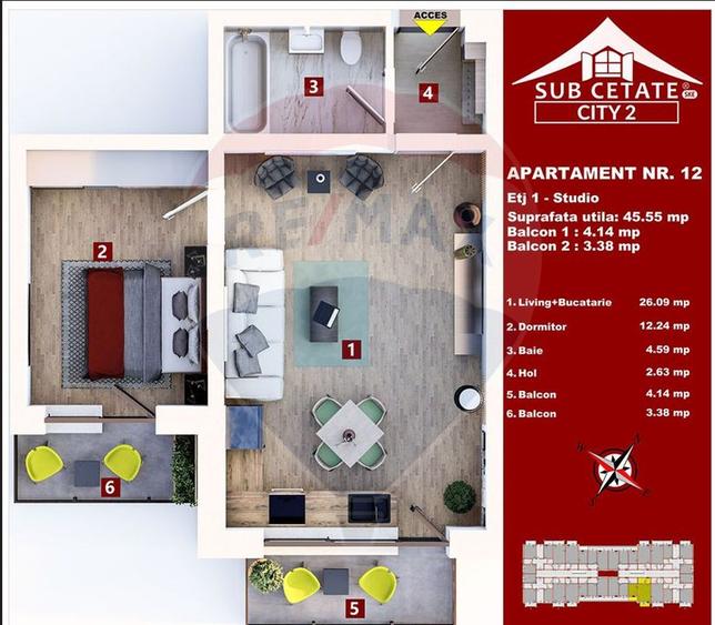 Studio spațios cu 2 balcoane și parcare I Subcetate City 2 I Intabulat