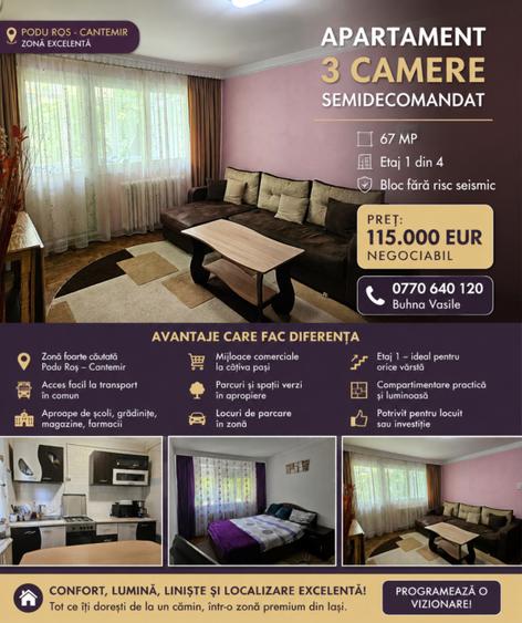 PODU ROS - CANTEMIR - 3 CAMERE - ETAJ 1 - 67MP - 2 BALCOANE - BLOC FARA RISC!