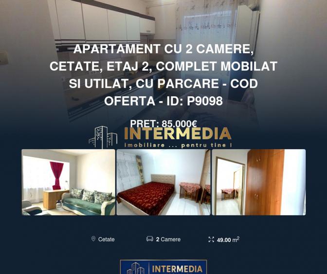Apartament cu 2 camere, Cetate, etaj 2, complet mobilat si utilat, cu parcare