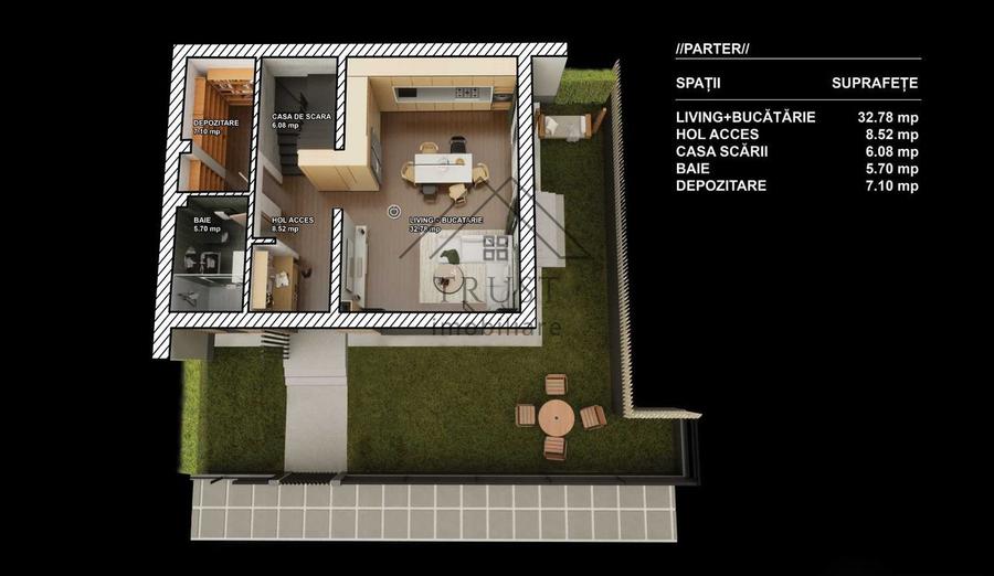Duplex modern cu 3 dormitoare, pod circulabil și grădină amenajată în Florești