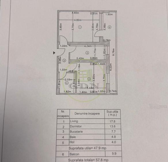 Apartament 2 camere | 47,9 mp + balcon 9,9 mp | Etaj 1/3 | Centrală proprie